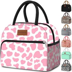 a pink and white leopard print lunch bag with multiple compartments, including the front compartment