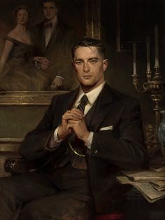 a painting of a man in a suit and tie sitting on a chair with his hands clasped