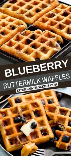 blueberry buttermilk waffles on a black plate