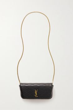 SAINT LAURENT scales down its signature 'Gaby' bag into a chic phone case - the compact shape is such an elegant choice for the evenings. Made from quilted leather, it's centered with the brand's signature 'YSL' hardware and has a matching gold chain shoulder strap. Luxury Leather Clutch With Mobile Phone Bag, Luxury Leather Wallet On Chain For Parties, Formal Rectangular Wallet On Chain With Phone Bag, Classic Evening Clutch With Mobile Phone Bag, Luxury Formal Wallet On Chain With Mobile Phone Bag, Chic Formal Wallet On Chain With Mobile Phone Bag, Chic Formal Wallet On Chain With Phone Bag, Elegant Clutch Wallet On Chain With Phone Bag, Elegant Clutch Wallet On Chain With Mobile Phone Bag