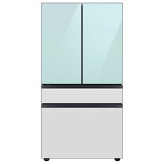 a white refrigerator freezer sitting on top of a counter next to a glass door