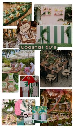 the collage shows many different photos and text on it, including palm trees, chairs,