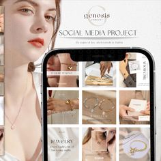 a woman holding a cell phone in front of her face with jewelry on the screen