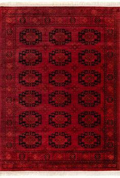 a red and black rug with an intricate design on the middle, in front of a white background