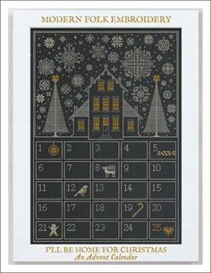 the modern folk embroidery pattern for christmas is shown in black with gold trimmings