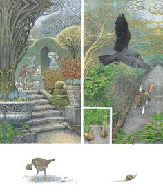 an image of birds in the garden with flowers and plants around them, including one bird flying