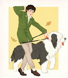 a drawing of a woman walking a dog on a leash with an autumn leaf in her hand