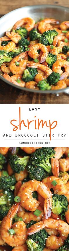 shrimp and broccoli stir fry in a skillet with the title overlay