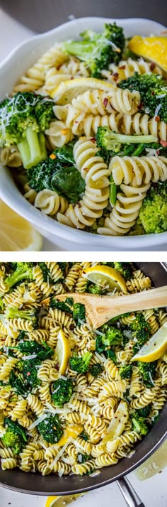 two pictures of pasta and broccoli being cooked in a skillet