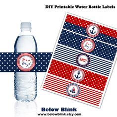 water bottle labels with an anchor and polka dot design