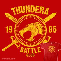 thundera battle club logo with two crossed swords and the word thundera in yellow on a red background