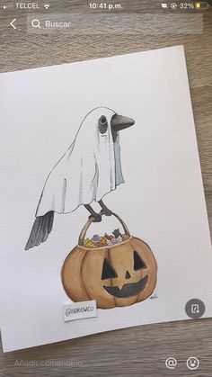 a drawing of a bird sitting on top of a pumpkin