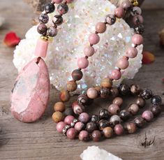 Rhodonite & Picasso Jasper Gemstone Mala Beaded Necklace 32 Mala Jewelry, Pink Rhodonite, Mala Bead Necklace, Picasso Jasper, Handmade Beaded Necklaces, Drop Pendant Necklace, Yoga Jewelry, Mala Necklace, Jasper Beads