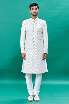 Shop for RNG Safawala Off White Raw Silk Tropical Embroidered Sherwani Set for Men Online at Aza Fashions Off White Churidar, Raw Silk Embroidery, White Churidar, Embroidered Buttons, Sequin Embroidery, Pattern Embroidery, Sequins Embroidery, Silk Embroidery, Churidar