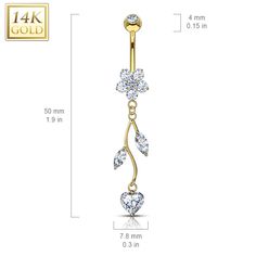 Cubic Zirconias Dangle from this 14K Flower Solid Yellow Gold Belly Ring. This is a beautiful sparkling belly ring that is classy and stylish in every way. This is a show stopper with gorgeous drop down dangling leaves and heart. 14K Real Gold. 14 GA, 3/8" barbell. 4mm ball. Also available in white gold. FREE SHIPPING! Please allow 7 business days for processing and up to 5 business days for shipping Gold Belly Piercing, Gold Belly Button Rings, Maria Tash Earrings, Opal Belly Ring, Pregnancy Belly Rings, Gold Belly Ring, Cartilage Jewelry, Navel Jewelry, Gold Nose Rings