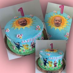 two pictures of a baby's first birthday cake with an image of the same person on it