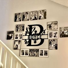 there is a wall with many pictures on it and the letter b in the middle