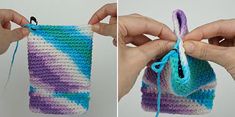 two pictures showing how to crochet the top and bottom part of a bag