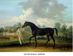 a painting of a man leading a black horse across a field with horses in the background