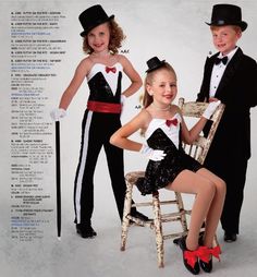 three children dressed up in black and white outfits posing for a magazine advertise