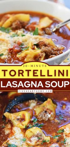 tortellini lasagna soup in a white bowl with the title overlay