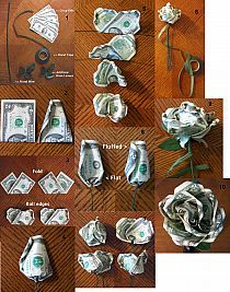 dollar bills are folded into different shapes and sizes to make an origami rose