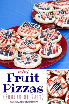 mini fruit pizzas with red, white and blue icing are on a plate