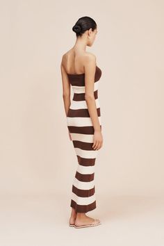 THEO STRAPLESS DRESS - CHOCOLATE STRIPE Vertical Striped Dress Formal, Luxury Bandeau Maxi Dress, Luxury Strapless Workwear Dresses, Luxury Casual Striped Dress, Luxury Strapless Maxi Dress For Casual Wear, Luxury Fitted Strapless Beach Dress, Luxury Fitted Strapless Dress For The Beach, Luxury Striped Dresses For Vacation, Luxury Strapless Summer Beach Dress