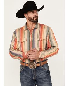 Scully Men's Southwestern Serape Striped Long Sleeve Pearl Snap Western Shirt, Multi Western Long Sleeve Tops With Pockets, Western Style Collared Shirt With Pockets, Collared Shirt With Pockets For Rodeo, Long Sleeve Shirt With Pockets For Rodeo, Western Shirt, Get Directions, Western Shirts, Striped Long Sleeve, Stripe Print