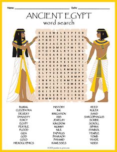 an ancient egypt word search with two egyptian men in front of it and the words below