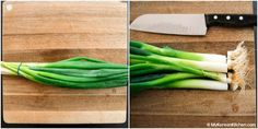 green onions on a cutting board with a knife next to it and another photo of the vegetables being cut up