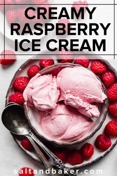 raspberry ice cream in a bowl with fresh raspberries on the side