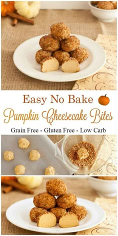 easy no bake pumpkin cheesecake bites recipe on a white plate with text overlay