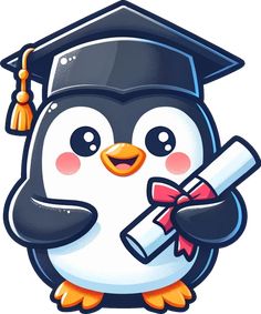 a penguin wearing a graduation cap and holding a diploma