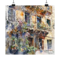 a painting of an apartment building with balconys and flowers on the balconies