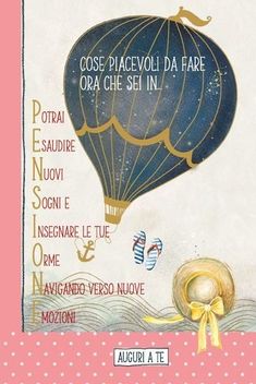 a pink and white poster with a blue hot air balloon in the sky on it's side