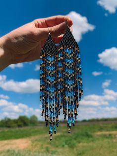 Blue Handwoven Beaded Earrings For Festivals, Traditional Blue Beaded Earrings As Gift, Unique Blue Beaded Earrings As Gift, Unique Blue Beaded Earrings For Gift, Handmade Artisan Blue Earrings, Artisan Handmade Blue Earrings, Artisan Blue Beaded Earrings As Gift, Traditional Blue Handwoven Beaded Earrings, Traditional Handwoven Blue Beaded Earrings