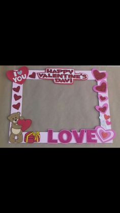 a valentine's day photo frame with hearts and a teddy bear on the front