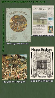 four different types of posters on a green background with the words ploebe bridgers written below them