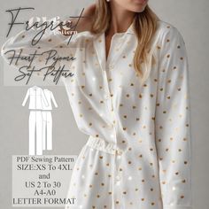 a women's pajamas pattern with gold polka dots on the front and back, along with text describing how to sew