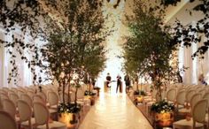 an indoor ceremony with chairs and trees