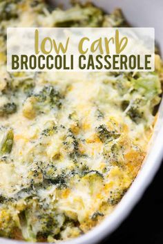 broccoli casserole in a white dish with text overlay