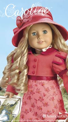 an american girl doll wearing a pink dress and red hat with long blonde hair in front of a blue sky