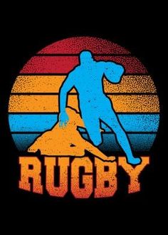 the logo for rugby with a man kicking a ball in front of an orange and blue sunset