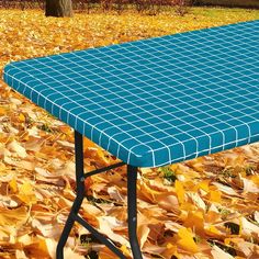 a blue table sitting on top of leaves covered ground