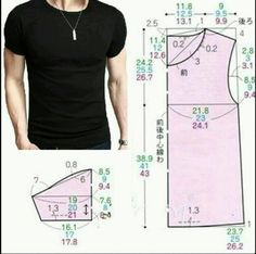 an image of a man wearing a black t - shirt with measurements for the front and back