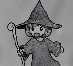 a black and white drawing of a scarecrow wearing a hat, holding a broom