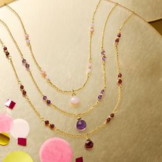 Ross-Simons - Italian Pink Opal, 5.20ct t. w. Multi-Gemstone Layered Necklace in 24kt Gold Over Sterling. 18". On this swoon-worthy statement necklace, three gorgeous tiers are adorned with 7x7mm and 3mm pink opals with 5.20 ct. tot. gem wt. round and pear-shaped faceted amethyst and garnet beads. Made in Italy of 24kt yellow gold over sterling silver. Suspends from a cable chain with a 2" extender. Lobster clasp, multi-gemstone and pink opal layered necklace. Garnet birthstones are the perfect Gold Necklaces With Gemstone Accents For Celebration, Gold Necklace With Gemstone Accents For Celebration, Gold Plated Gemstone Accented Round Necklace, Gold Plated Gemstone Necklaces, Gold Plated Gemstone Accents Necklace, Gold Gemstones With Round Gemstone Accents, Faceted Gold Gemstones For Fine Jewelry, Faceted Gold Amethyst Gemstones, Gold Necklaces With Gemstone Beads For Anniversary