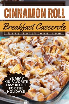 cinnamon roll breakfast casserole in a glass baking dish