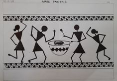 a drawing of three people dancing around a bowl